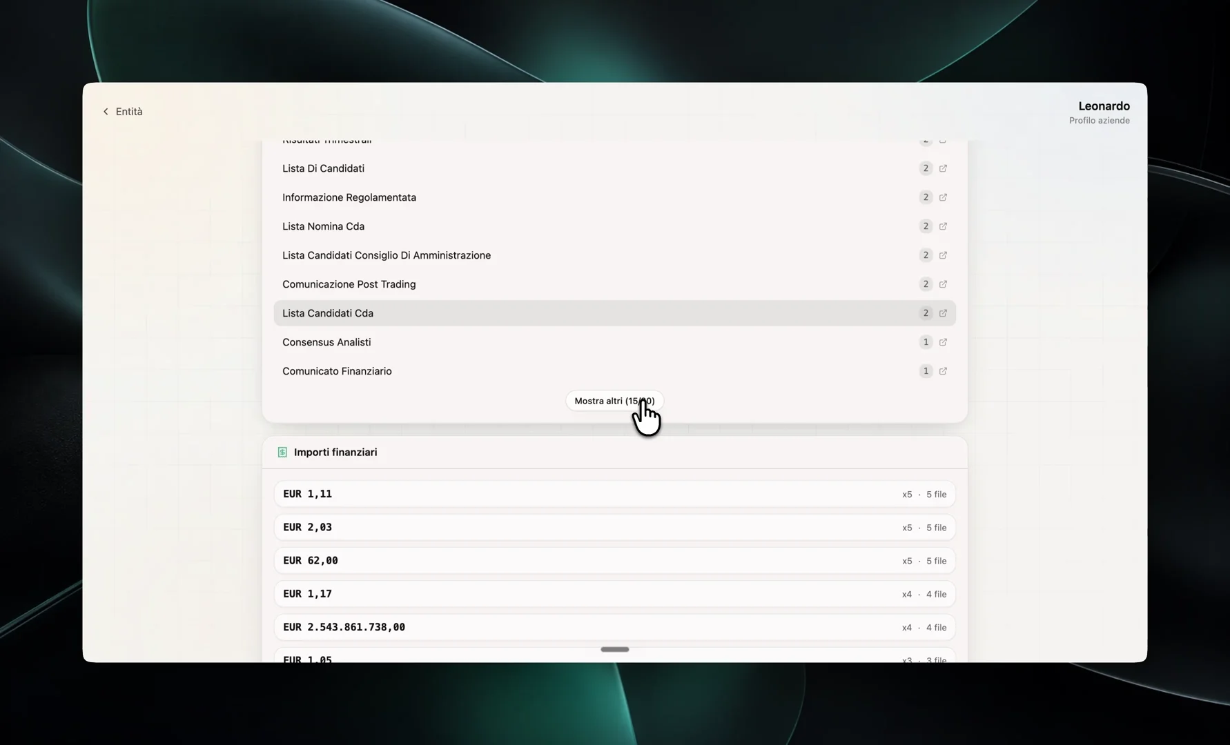 Riconoscimento entità: profilo unificato dell'emittente con documenti collegati e importi estratti
